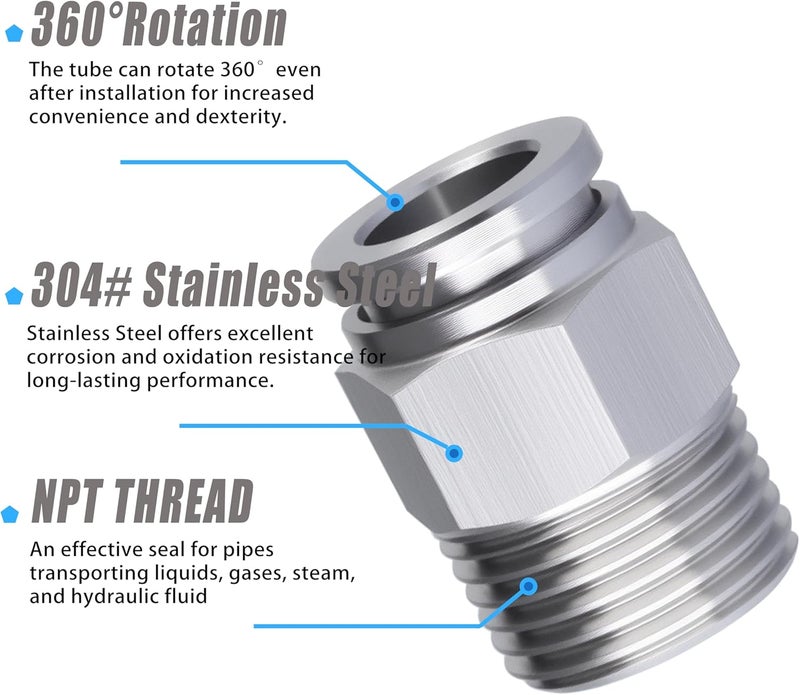 MSAEIQUN Stainless Steel 3/8 Air hose fittings, Push to Connect Air fittings Male Straight 3/8 Inch Tube OD x 1/8 NPT Thread Fitting (Pack of 2) - Image 3